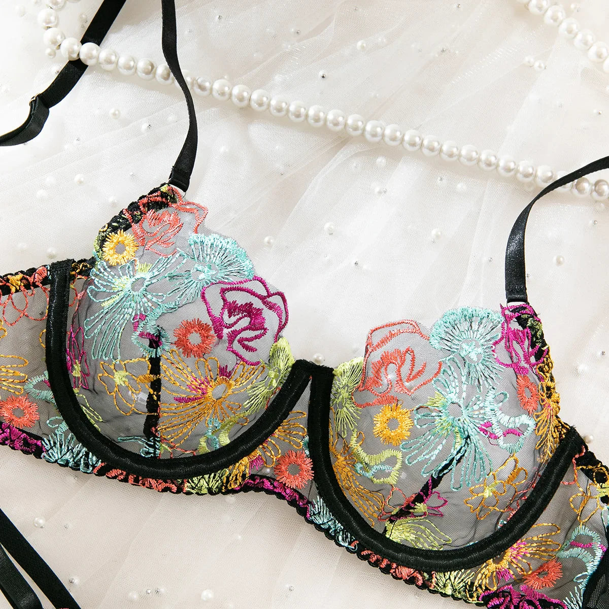 French See Through Embroidered Floral Print Push Up Bra Thong