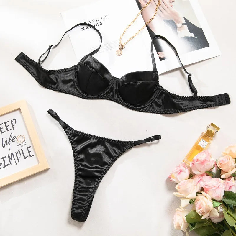 French Satin Lingerie 2 Pcs Sets Patchwork Bras and Thongs Underwear Suits Attractive Bilizna Intimates Erotic Sets