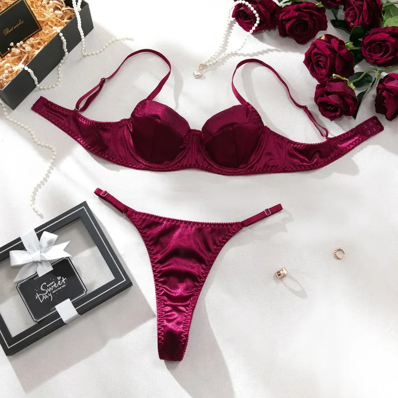 French Satin Lingerie 2 Pcs Sets Patchwork Bras and Thongs Underwear Suits Attractive Bilizna Intimates Erotic Sets