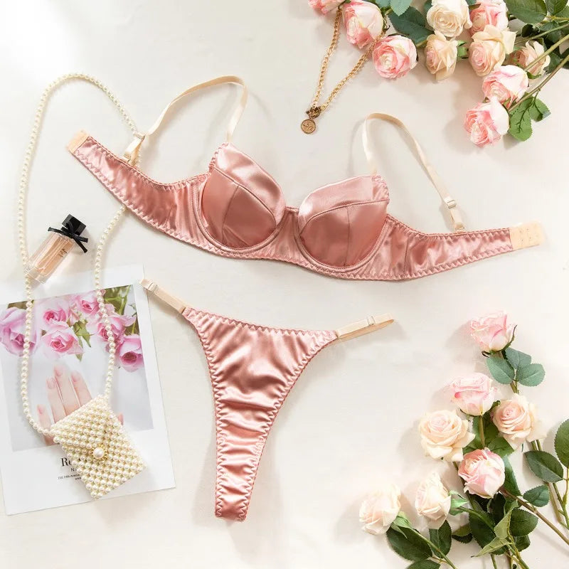French Satin Lingerie 2 Pcs Sets Patchwork Bras and Thongs Underwear Suits Attractive Bilizna Intimates Erotic Sets