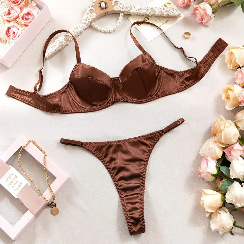 French Satin Lingerie 2 Pcs Sets Patchwork Bras and Thongs Underwear Suits Attractive Bilizna Intimates Erotic Sets