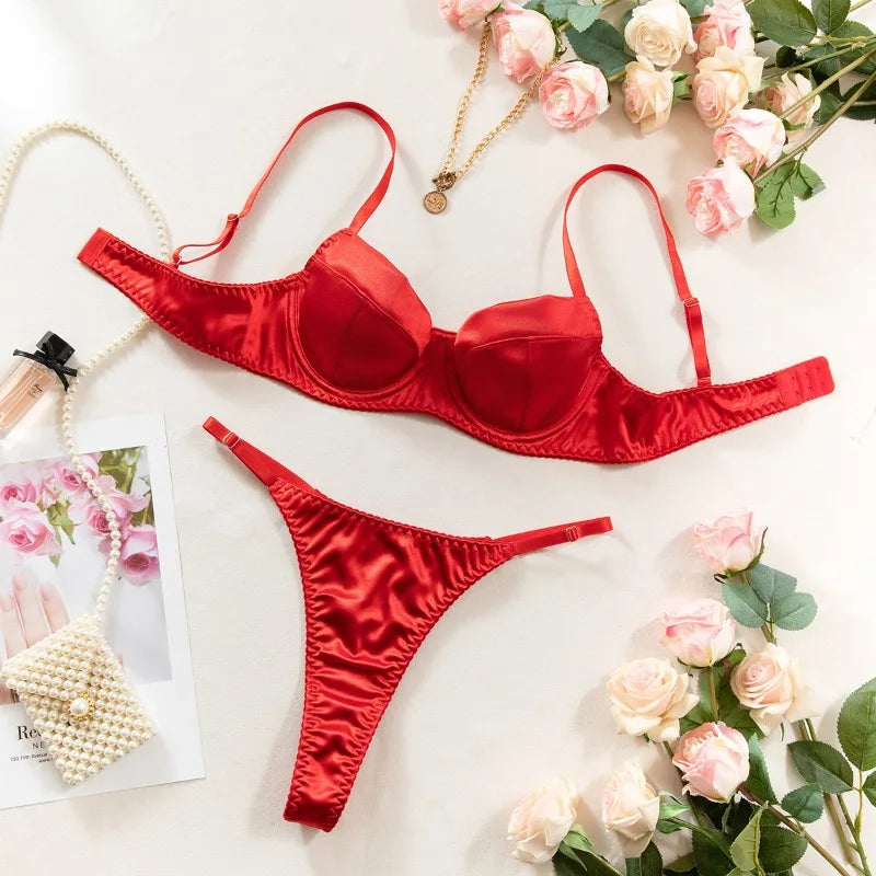French Satin Lingerie 2 Pcs Sets Patchwork Bras and Thongs Underwear Suits Attractive Bilizna Intimates Erotic Sets