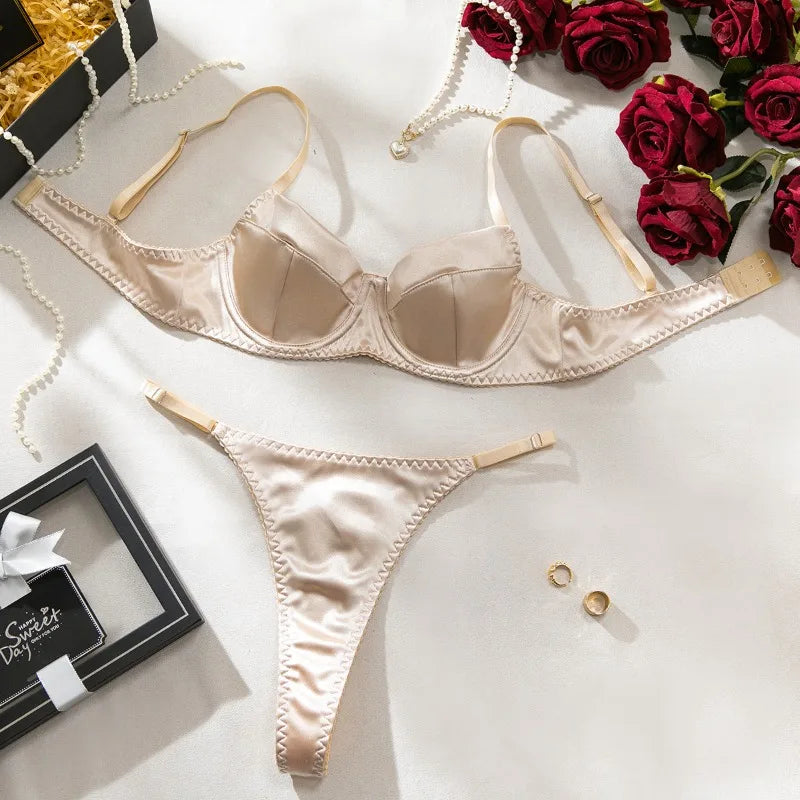 French Satin Lingerie 2 Pcs Sets Patchwork Bras and Thongs Underwear Suits Attractive Bilizna Intimates Erotic Sets