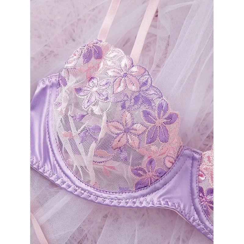 French Styles Purple Satin Color Block Floral Embroidery