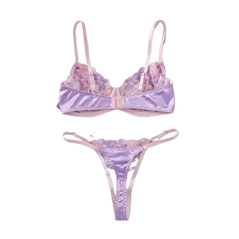 French Styles Purple Satin Color Block Floral Embroidery
