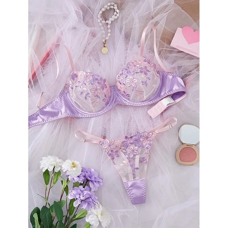 French Styles Purple Satin Color Block Floral Embroidery
