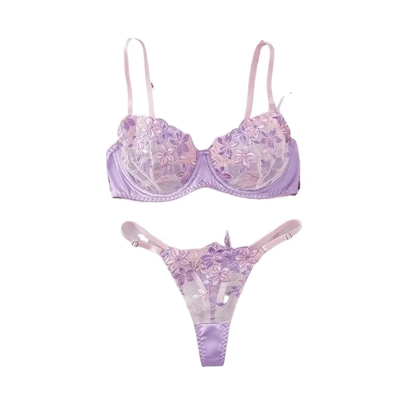 French Styles Purple Satin Color Block Floral Embroidery