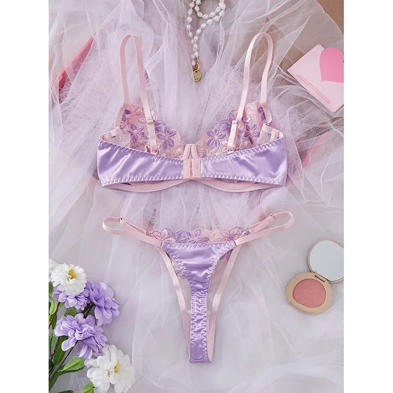 French Styles Purple Satin Color Block Floral Embroidery