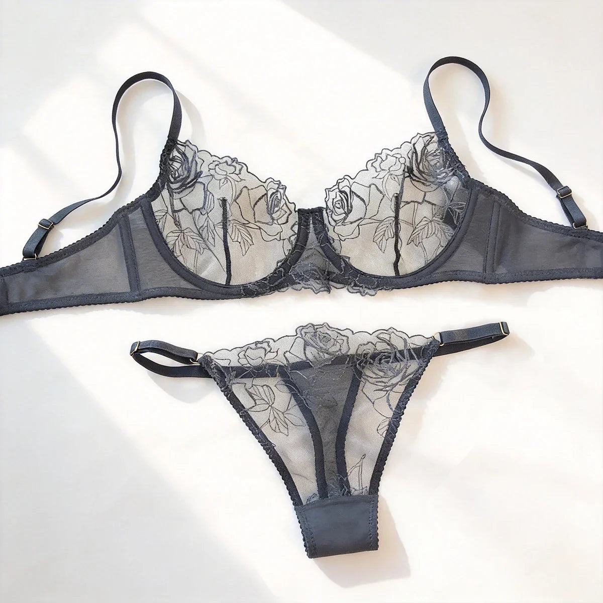 French Lace Flowers Embroidery Bra Set Intimates Summer Ultra Thin Breathable Bralette Lingerie Panties