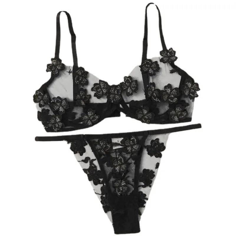 Fresh Floral Embroidery Applique Mesh Bra Lingerie Sets Erotic Exotic Suits