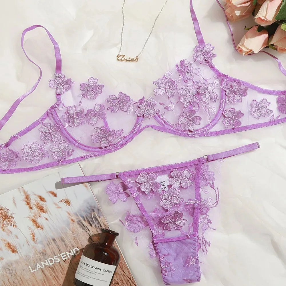 Fresh Floral Embroidery Applique Mesh Bra Lingerie Sets Erotic Exotic Suits