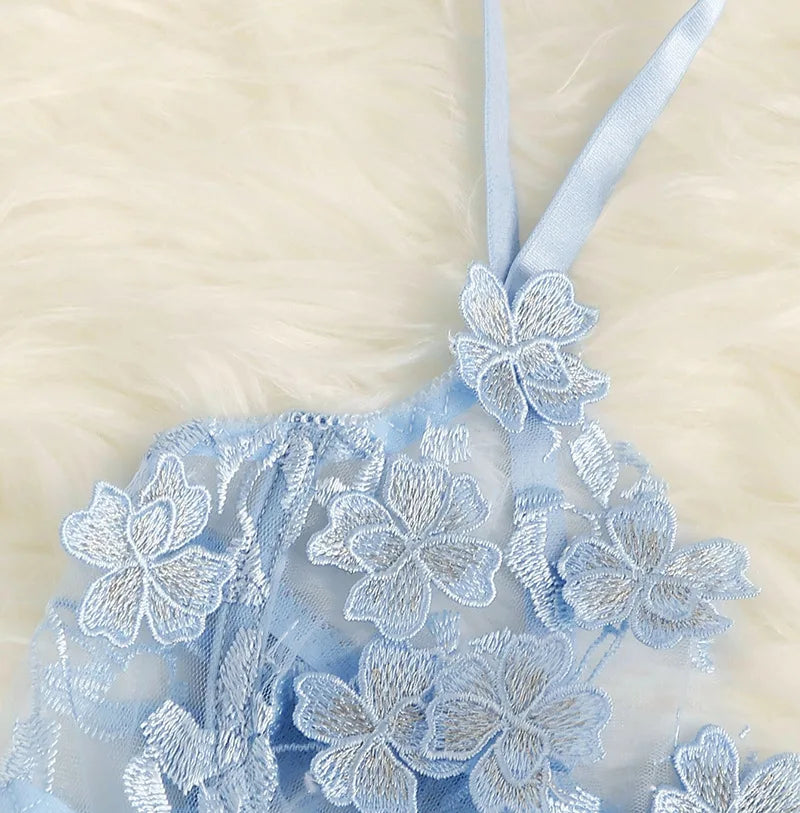 Fresh Floral Embroidery Applique Mesh Bra Lingerie Sets Erotic Exotic Suits
