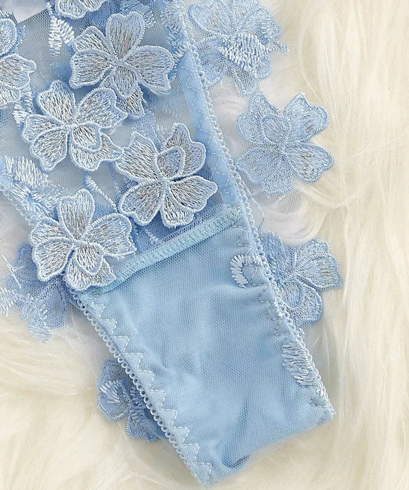 Fresh Floral Embroidery Applique Mesh Bra Lingerie Sets Erotic Exotic Suits