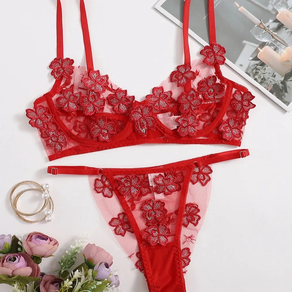Fresh Floral Embroidery Applique Mesh Bra Lingerie Sets Erotic Exotic Suits