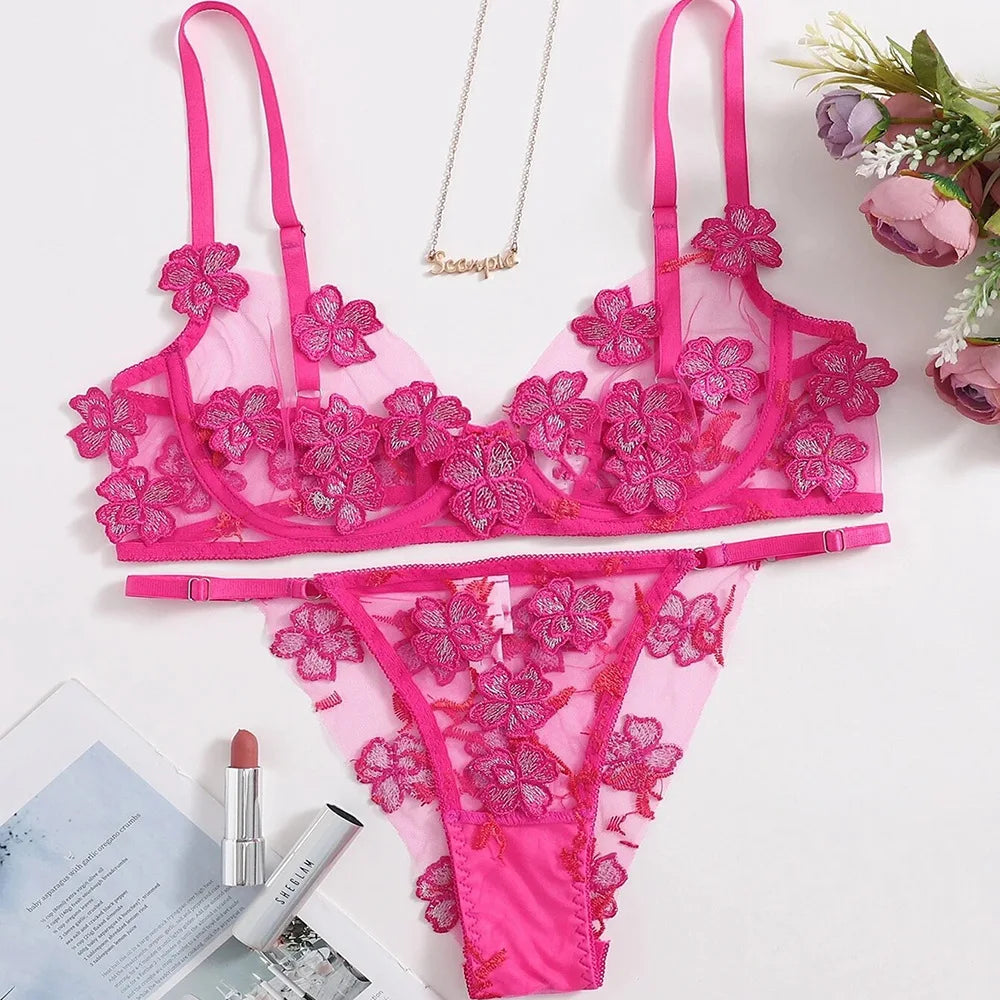 Fresh Floral Embroidery Applique Mesh Bra Lingerie Sets Erotic Exotic Suits