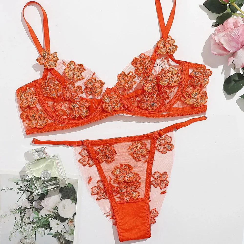 Fresh Floral Embroidery Applique Mesh Bra Lingerie Sets Erotic Exotic Suits
