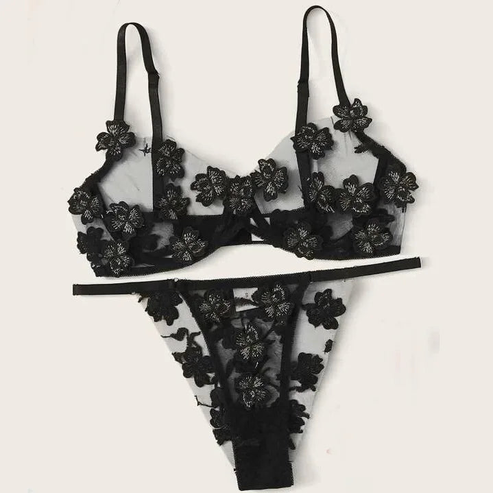 Fresh Floral Embroidery Applique Mesh Bra Lingerie Sets Erotic Exotic Suits