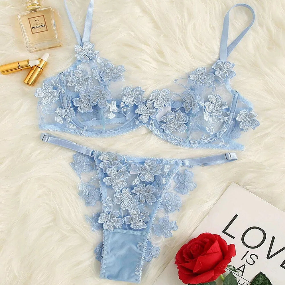 Fresh Floral Embroidery Applique Mesh Bra Lingerie Sets Erotic Exotic Suits