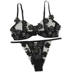 Fresh Floral Embroidery Applique Mesh Bra Lingerie Sets Erotic Exotic Suits