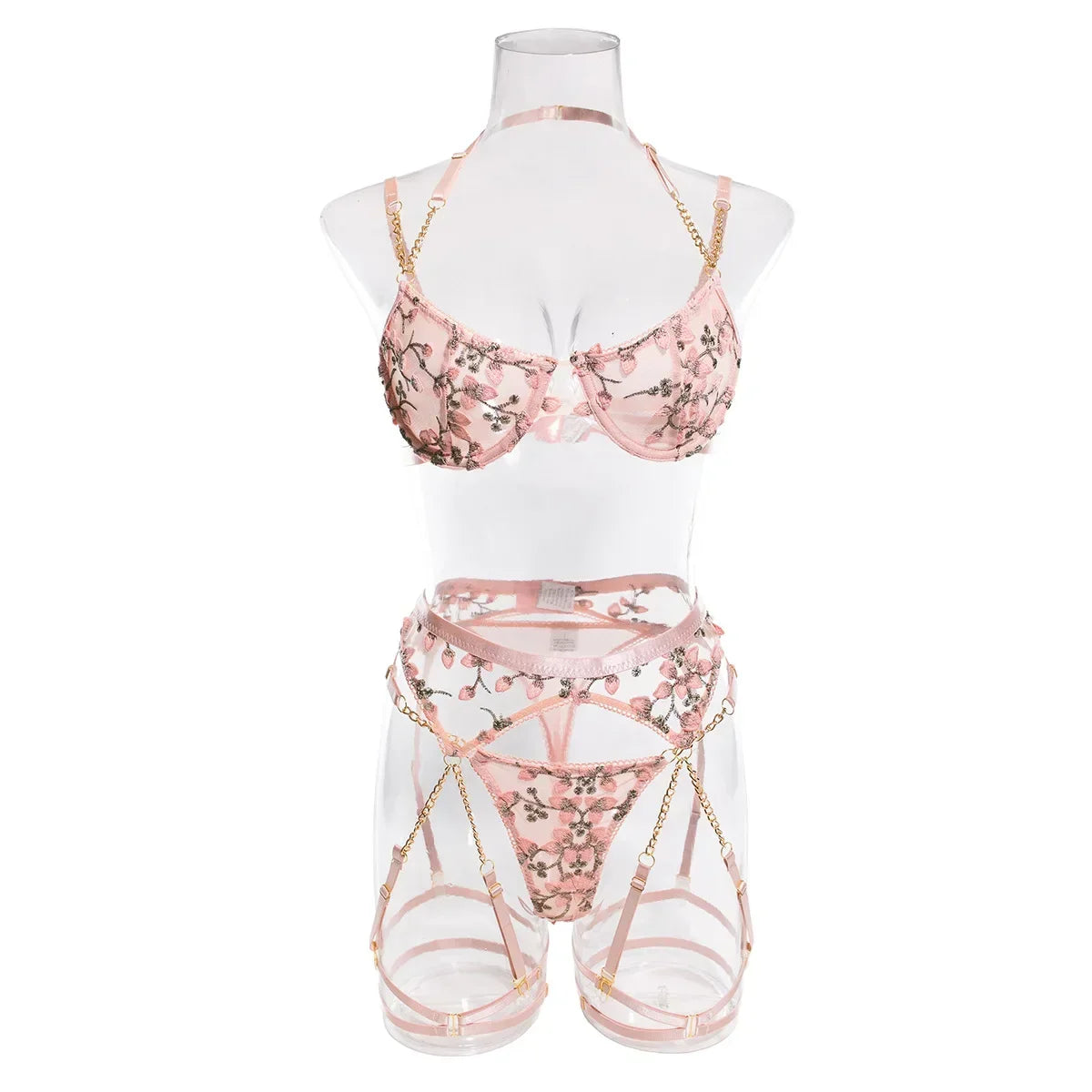 Girl Embroidered Flower Perspective Lingerie Set Sweet Chain Underwear Solid See Though Bra Three Piece Set