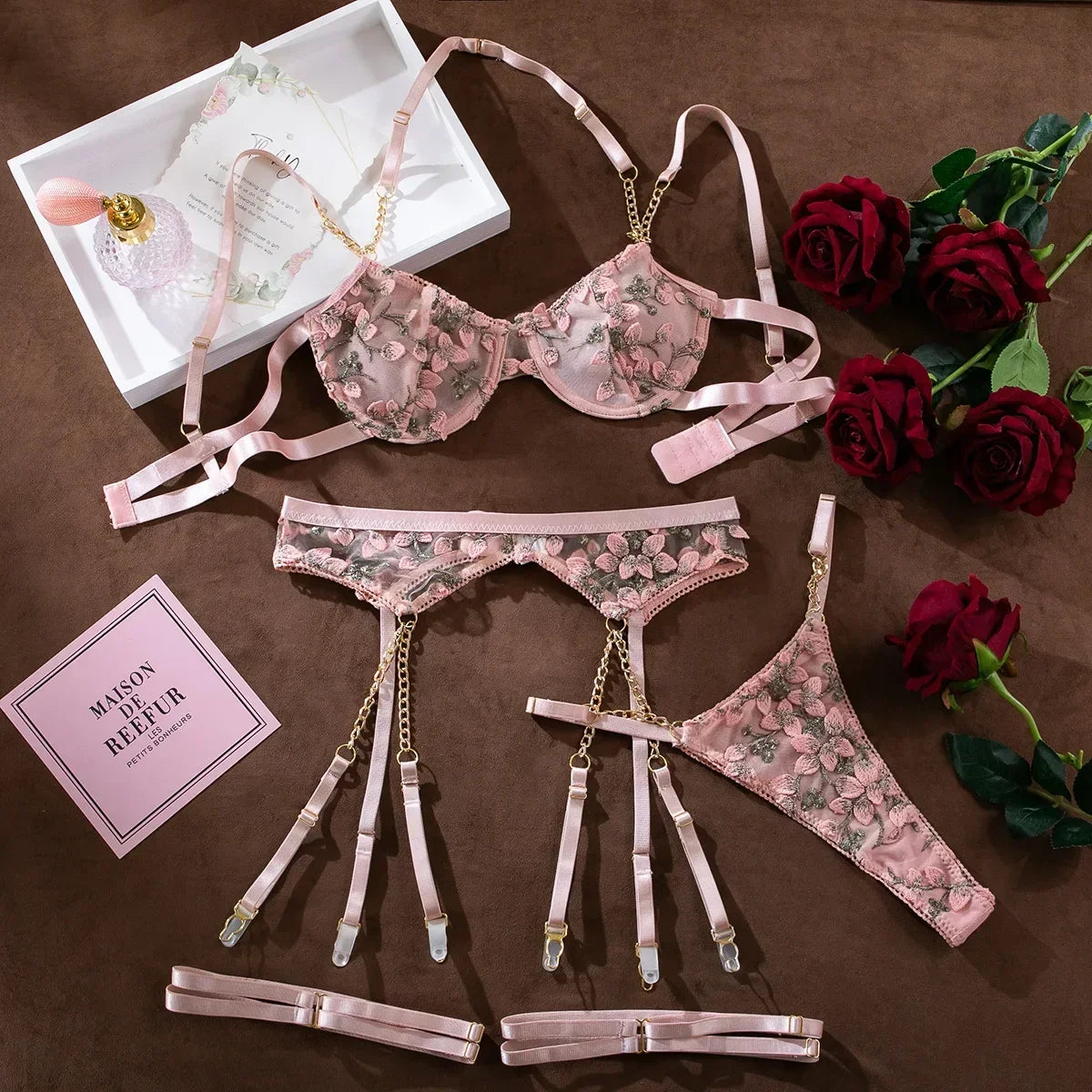 Girl Embroidered Flower Perspective Lingerie Set Sweet Chain Underwear Solid See Though Bra Three Piece Set
