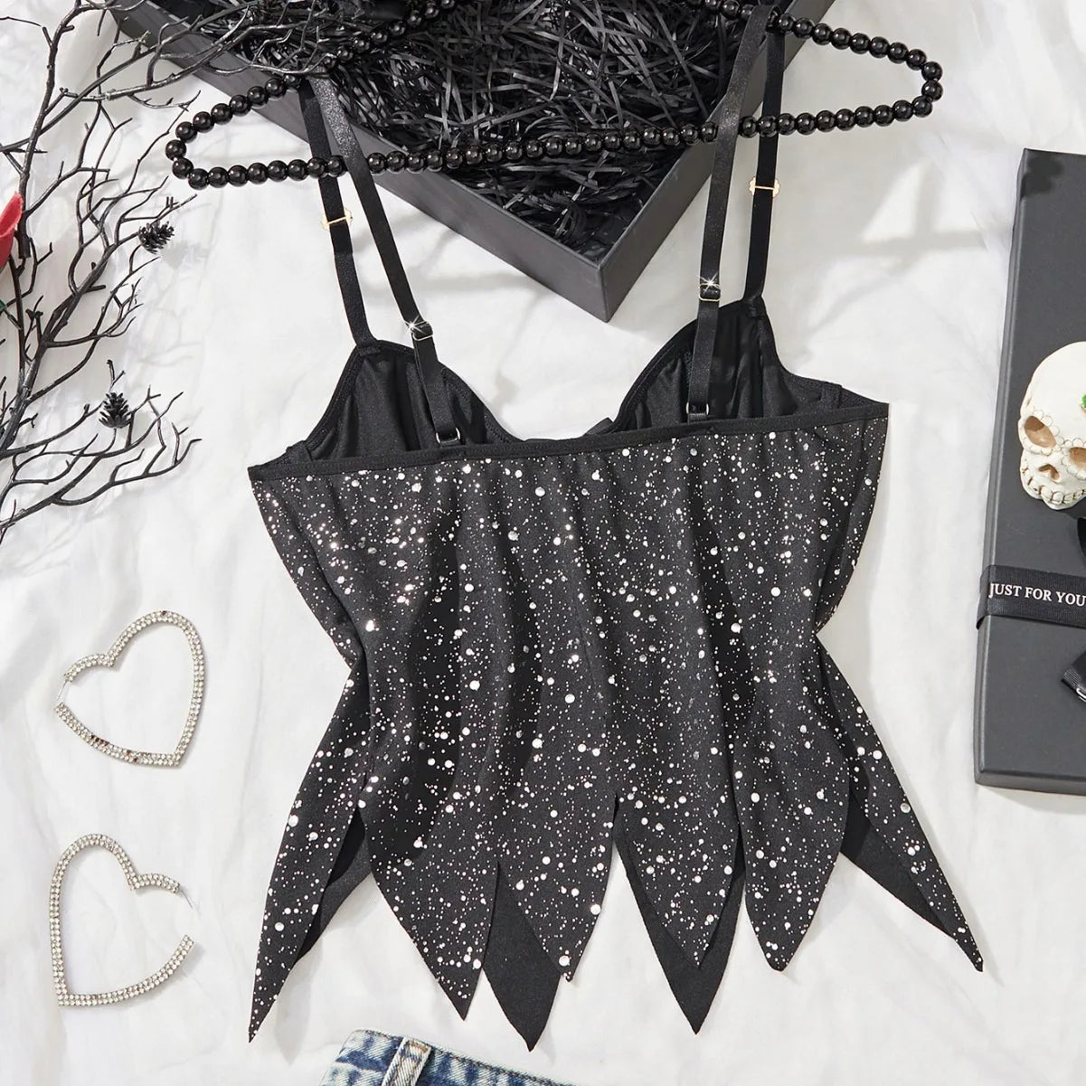 Halloween Black Shiny Sequins Sling Tube Corset