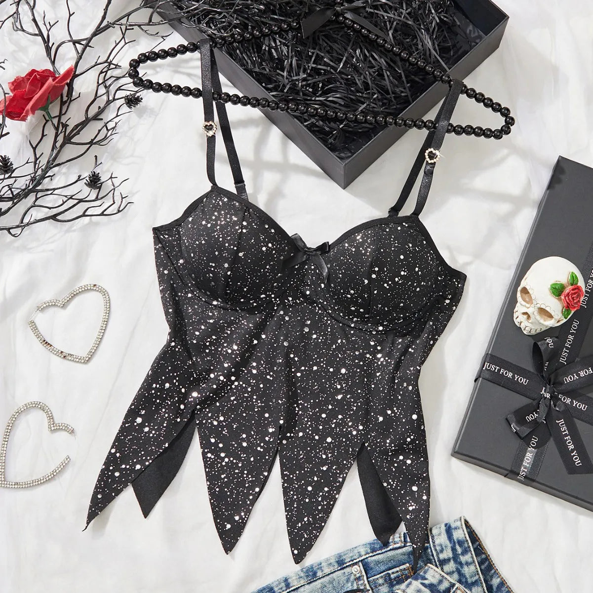 Halloween Black Shiny Sequins Sling Tube Corset