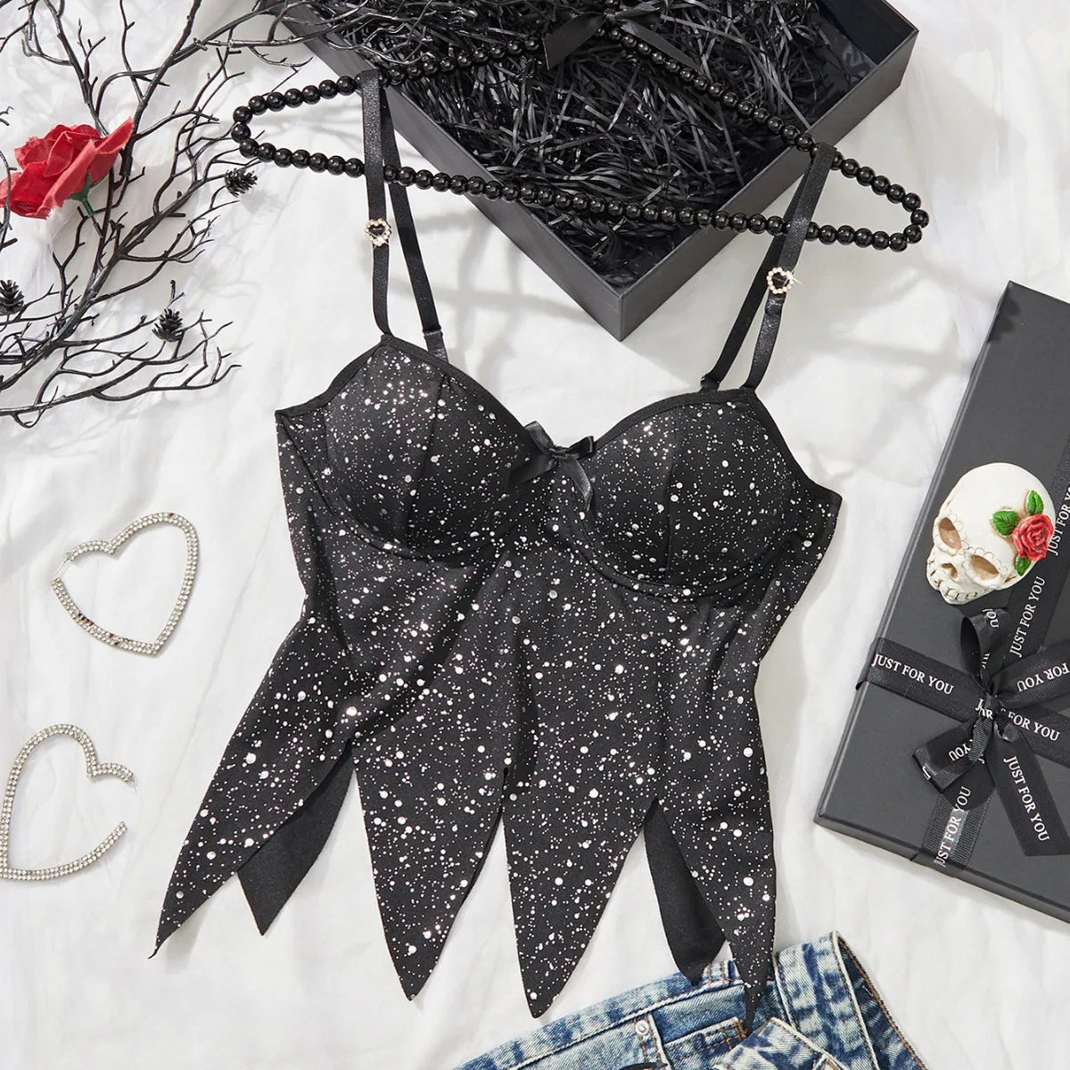 Halloween Black Shiny Sequins Sling Tube Corset