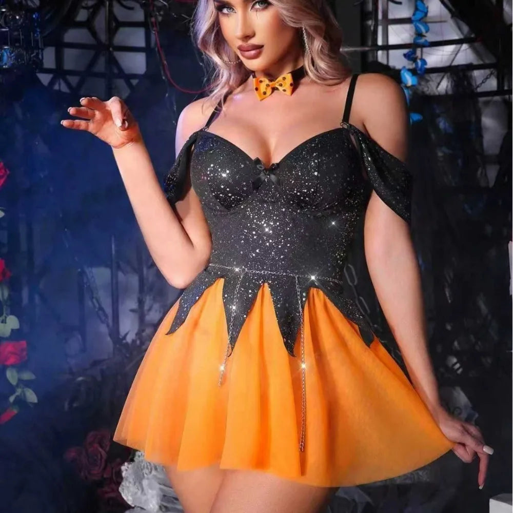 Halloween Cosplay Party Yellow Dress Cloak Cape Clubwear Uniform Hollow Out Dress Erotic Witch Lingerie Set