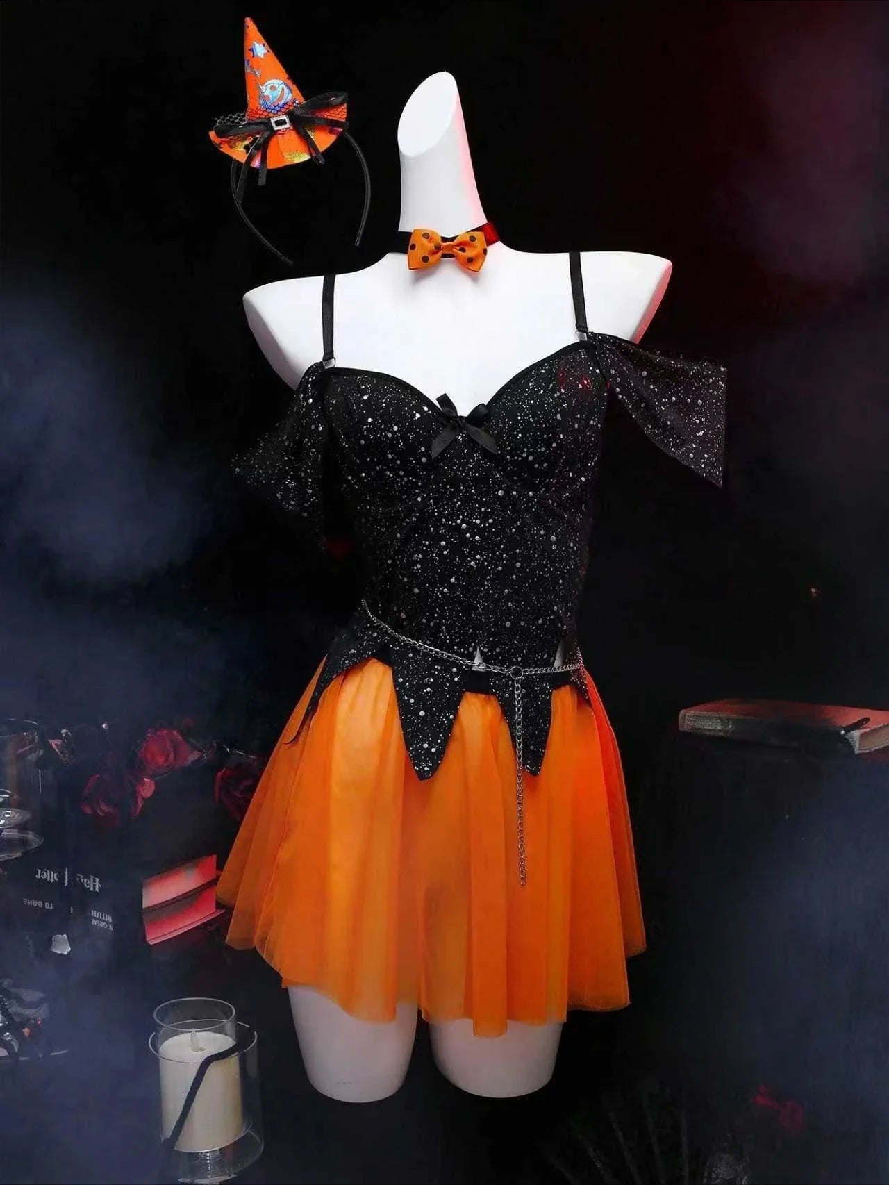 Halloween Cosplay Party Yellow Dress Cloak Cape Clubwear Uniform Hollow Out Dress Erotic Witch Lingerie Set