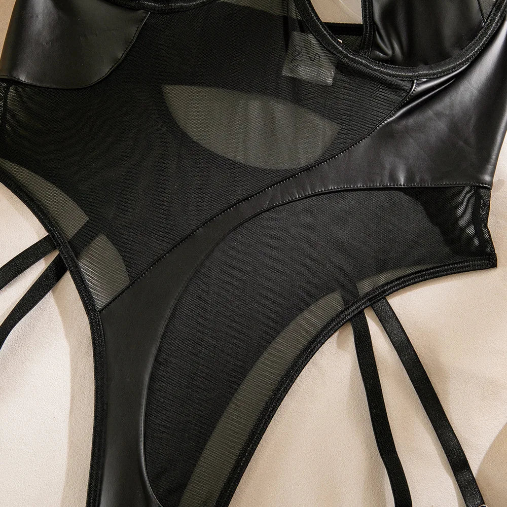 Halter Hollow Out PU Leather Playsuits Strapless Shapewear Patchwork Sheer Backlesss Cut Out Bras