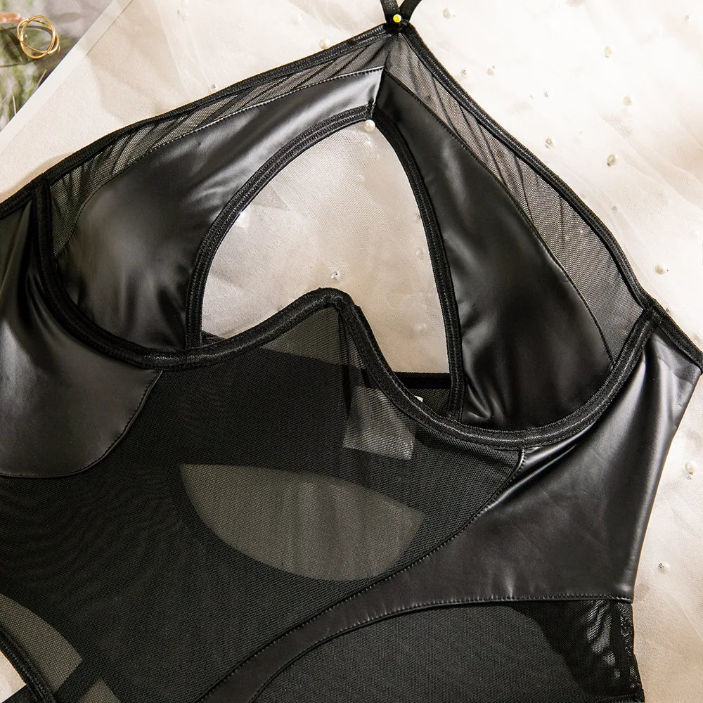 Halter Hollow Out PU Leather Playsuits Strapless Shapewear Patchwork Sheer Backlesss Cut Out Bras