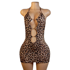 Halter Sling Open Bust Cutout Underwear Babydoll Nightgown Backless Cross Strap Lace Leopard Mini Dress Lingerie Set