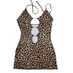 Halter Sling Open Bust Cutout Underwear Babydoll Nightgown Backless Cross Strap Lace Leopard Mini Dress Lingerie Set