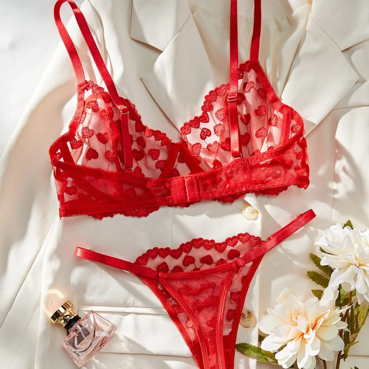Heart Embroidery Pure Bras Erotic Seductive Underwearss Clothingss Seductive Seduct Lingerie Set