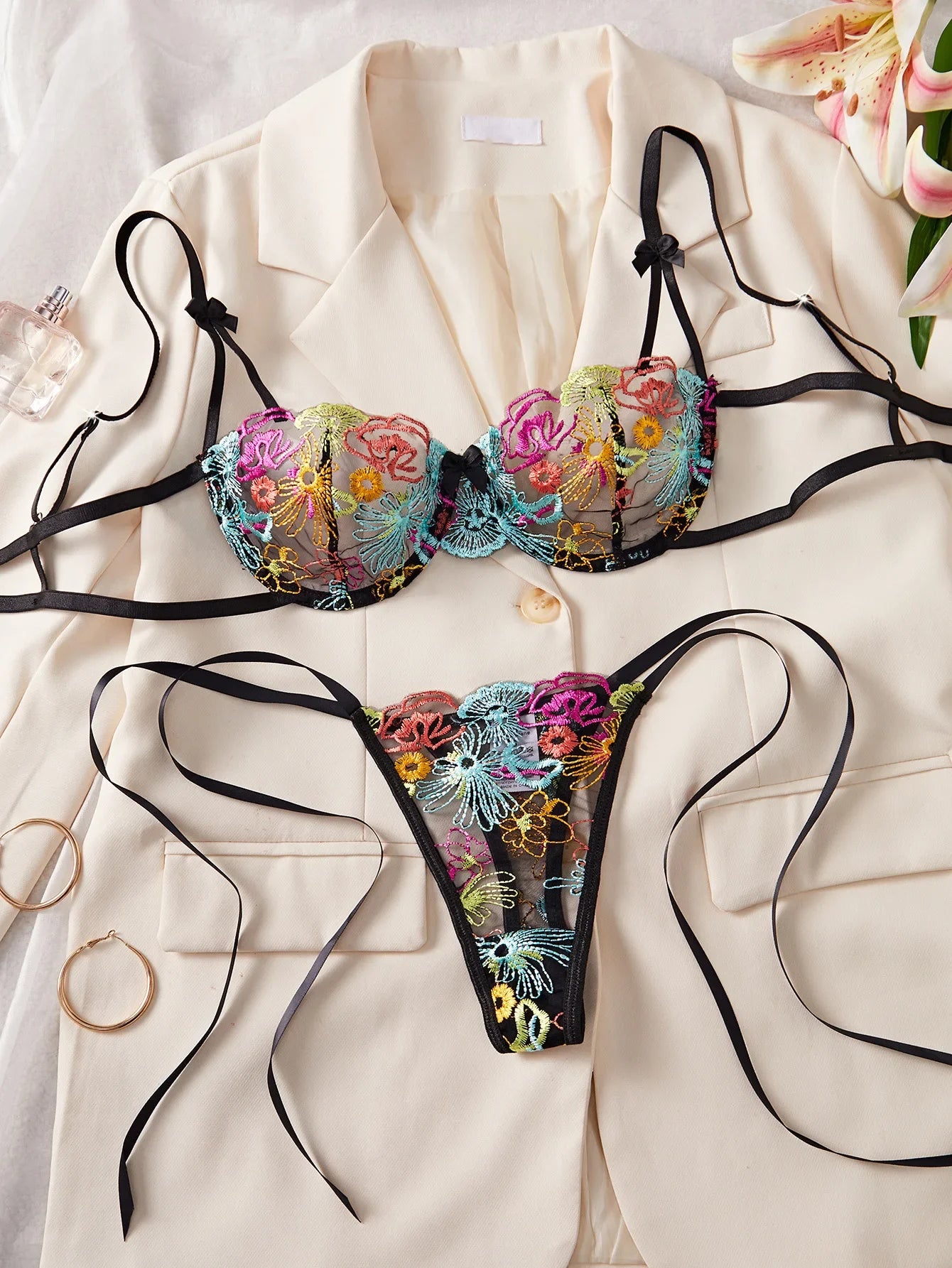 Heavy Craft Flower Embroidery Bra Lace Up Pantys Erotic Seductive Underwearss Clothingss Lingerie Set