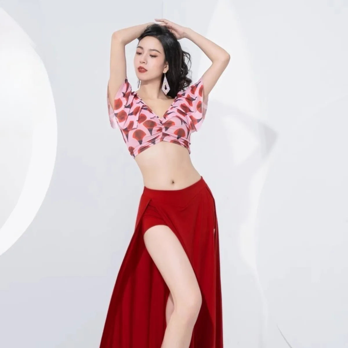 High Quality Belly Dance Training Outfit Lotus Leaf Printed Mesh Double Slit Skirt Soft Lightweight Dance Practice Costume