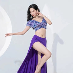 High Quality Belly Dance Training Outfit Lotus Leaf Printed Mesh Double Slit Skirt Soft Lightweight Dance Practice Costume