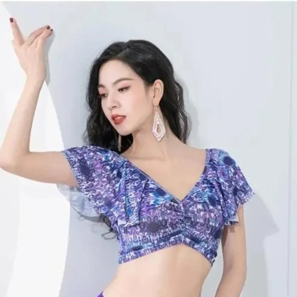 High Quality Belly Dance Training Outfit Lotus Leaf Printed Mesh Double Slit Skirt Soft Lightweight Dance Practice Costume