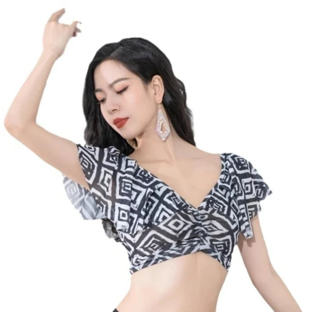 High Quality Belly Dance Training Outfit Lotus Leaf Printed Mesh Double Slit Skirt Soft Lightweight Dance Practice Costume