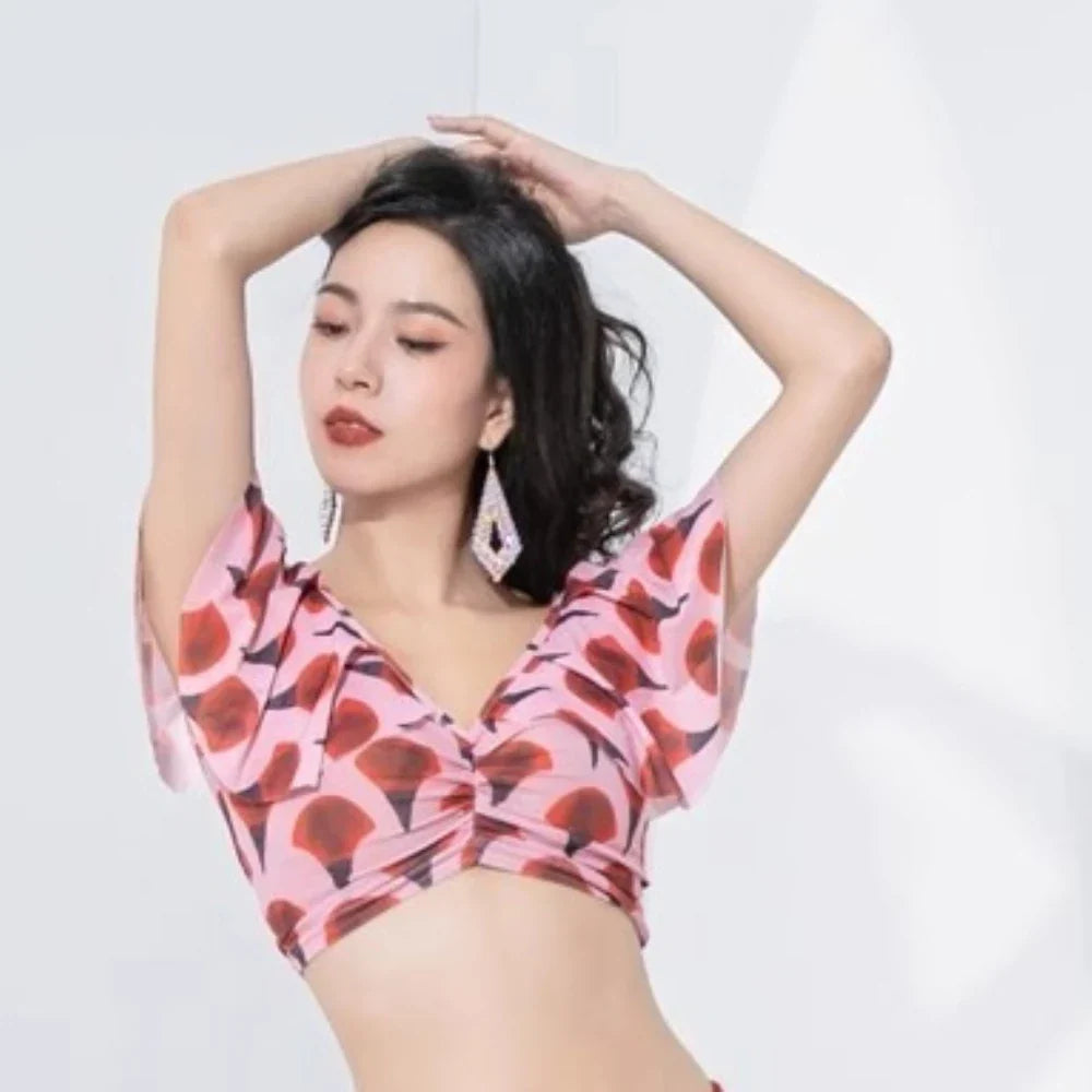 High Quality Belly Dance Training Outfit Lotus Leaf Printed Mesh Double Slit Skirt Soft Lightweight Dance Practice Costume