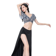 High Quality Belly Dance Training Outfit Lotus Leaf Printed Mesh Double Slit Skirt Soft Lightweight Dance Practice Costume