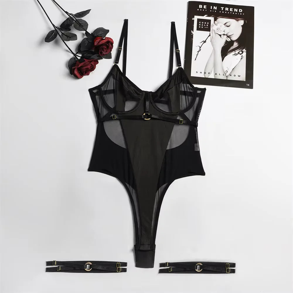 One-piece Lingerie Set Backless Black Mesh Patchwork Erotic Underwear See Through Intimate