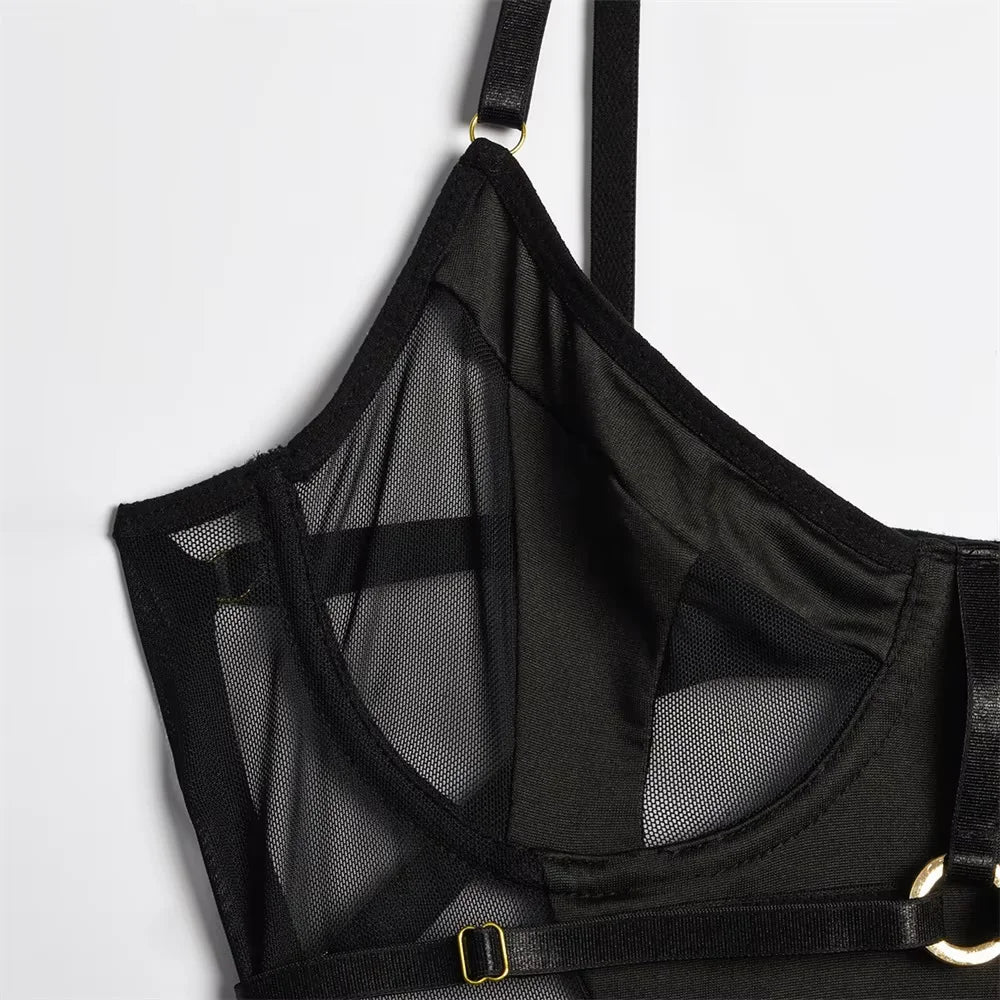 One-piece Lingerie Set Backless Black Mesh Patchwork Erotic Underwear See Through Intimate