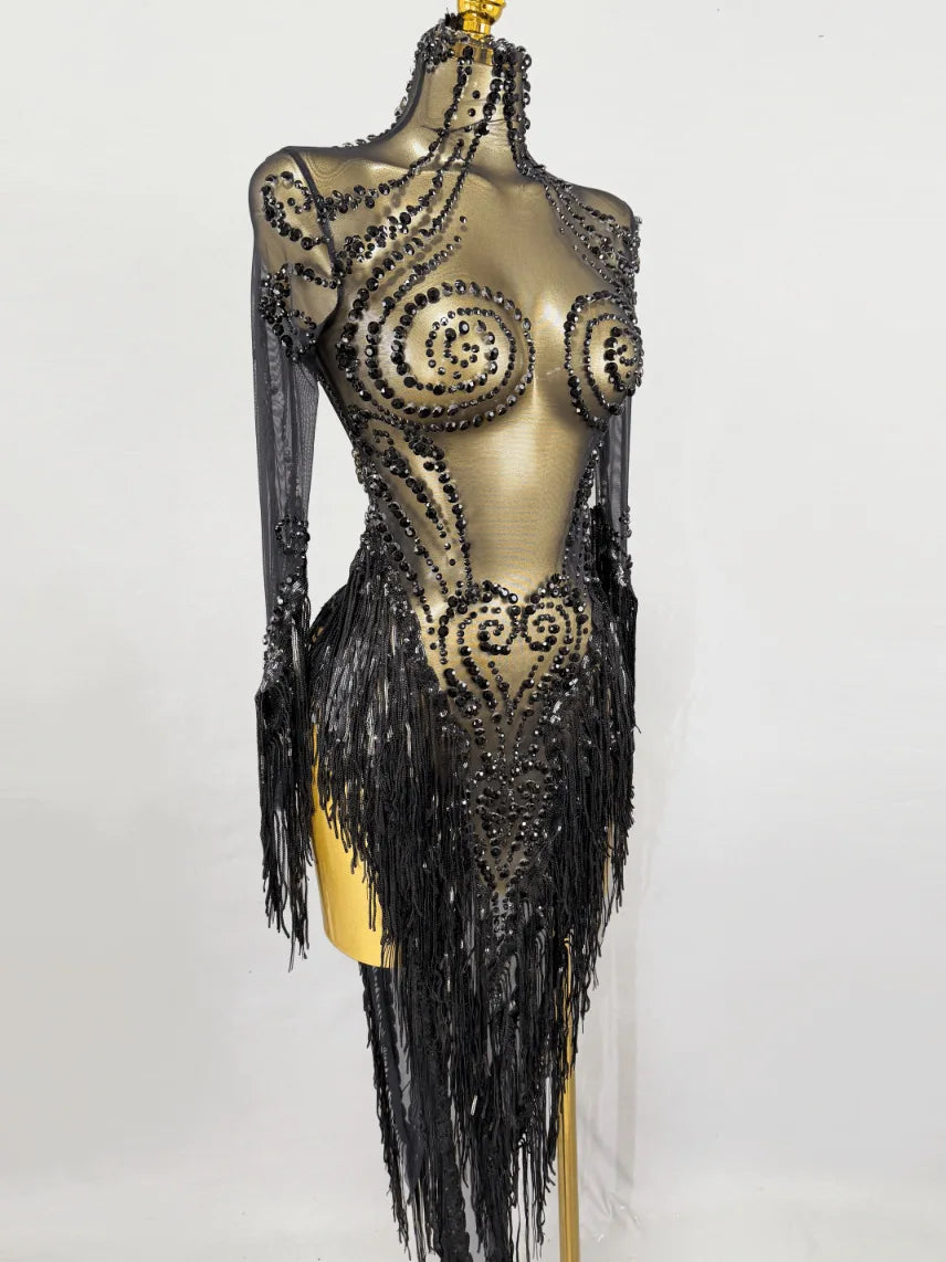Selling Black Rhinestone Tassel Long Dress Evening Gown Shiny Latin Dance Performance