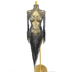 Selling Black Rhinestone Tassel Long Dress Evening Gown Shiny Latin Dance Performance