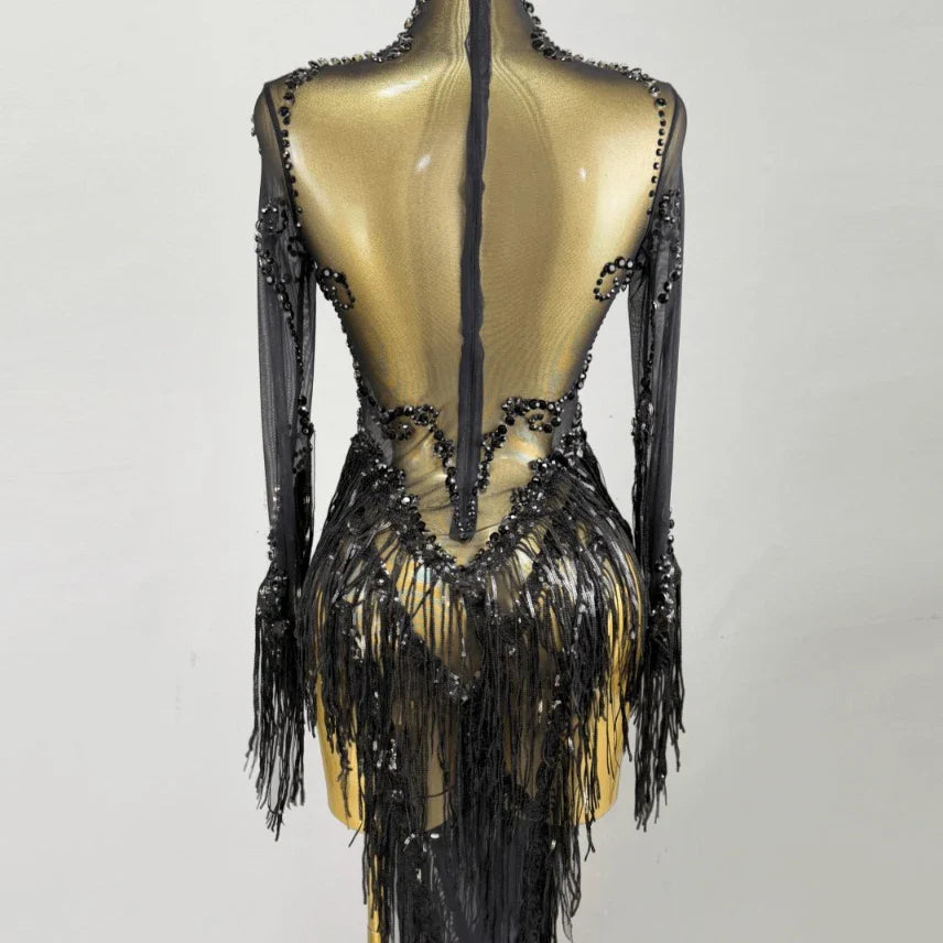 Selling Black Rhinestone Tassel Long Dress Evening Gown Shiny Latin Dance Performance