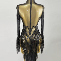 Selling Black Rhinestone Tassel Long Dress Evening Gown Shiny Latin Dance Performance