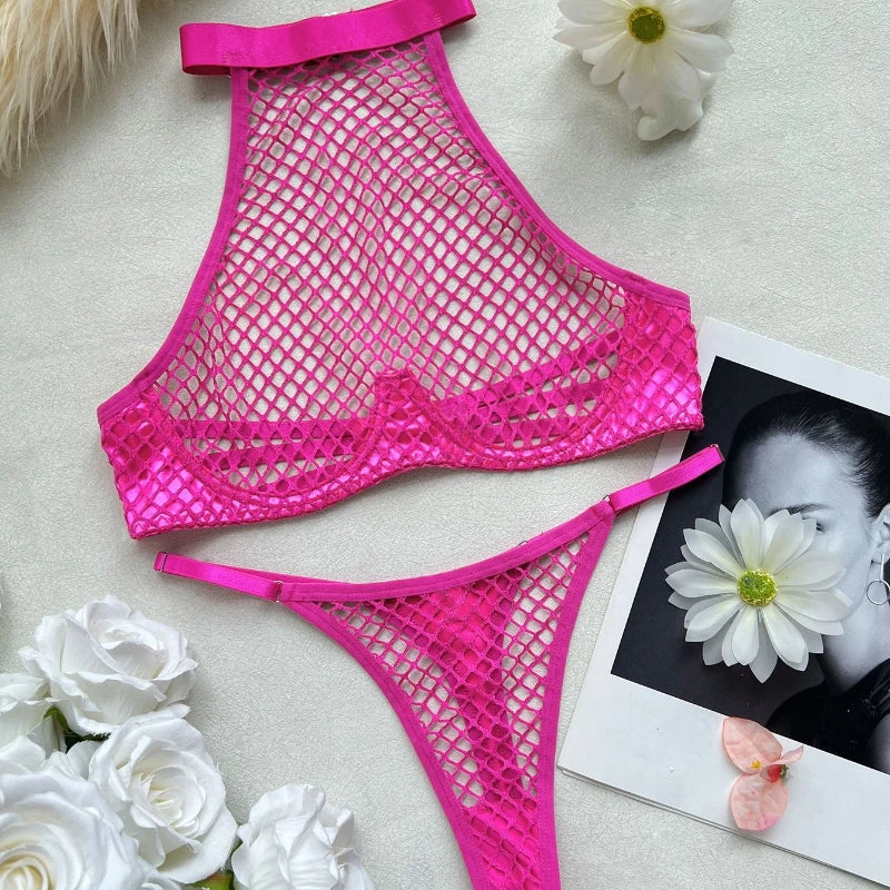 Intimates Lingerie Sets Tank Thong 2PC Seductive Hollow Fishnet Party Outfit Girl Backless Underwear