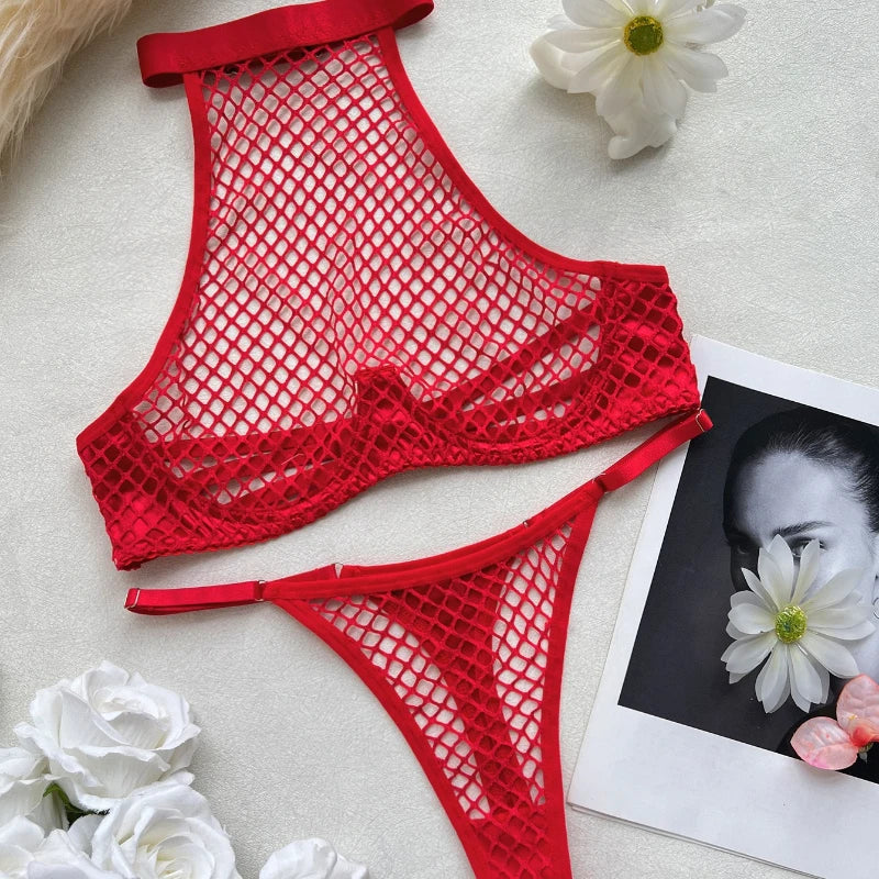 Intimates Lingerie Sets Tank Thong 2PC Seductive Hollow Fishnet Party Outfit Girl Backless Underwear
